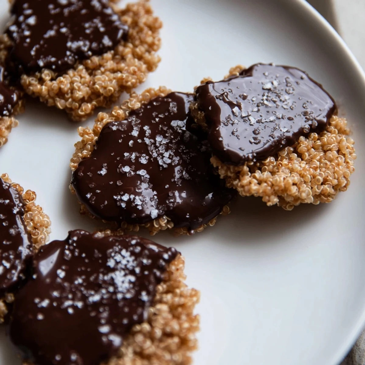 Bite-sized gluten-free dark chocolate quinoa crisps arranged on a marble serving board