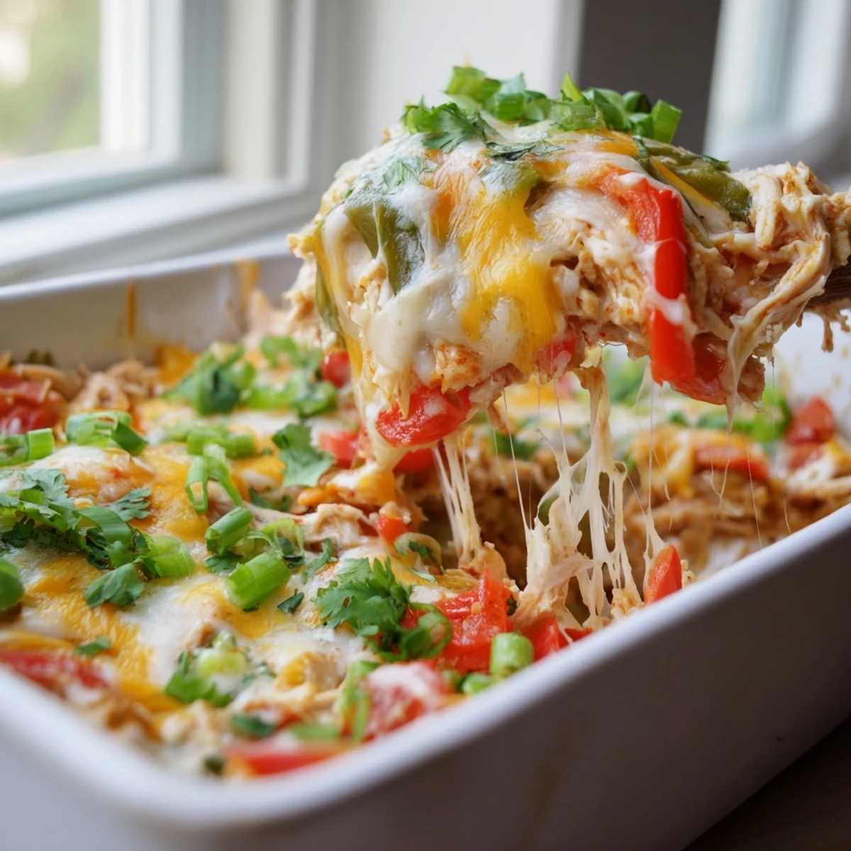 Baked cheesy chicken fajita casserole featuring melted Mexican cheese and tender sliced bell peppers