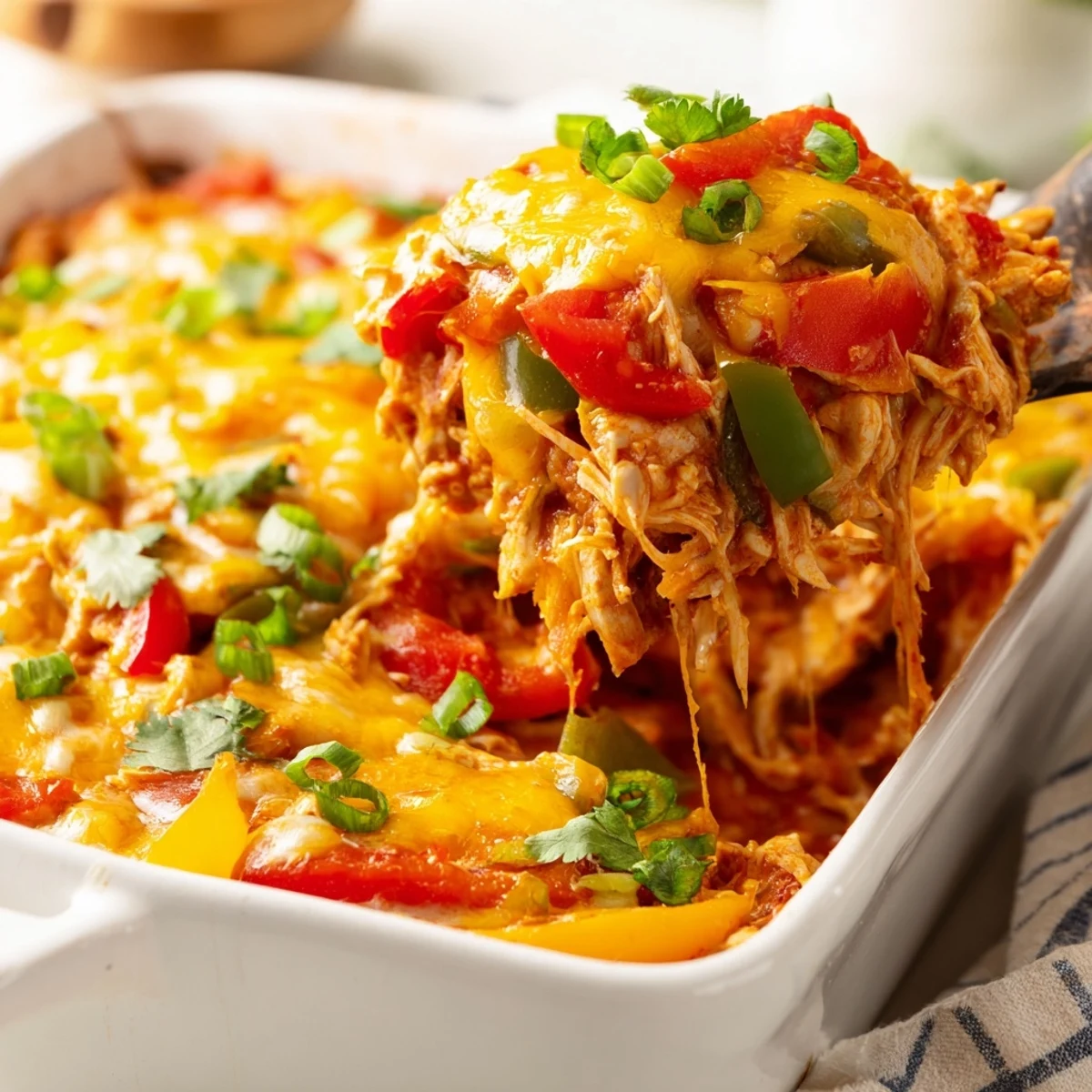 Golden bubbly cheesy chicken fajita casserole with colorful peppers fresh from the oven
