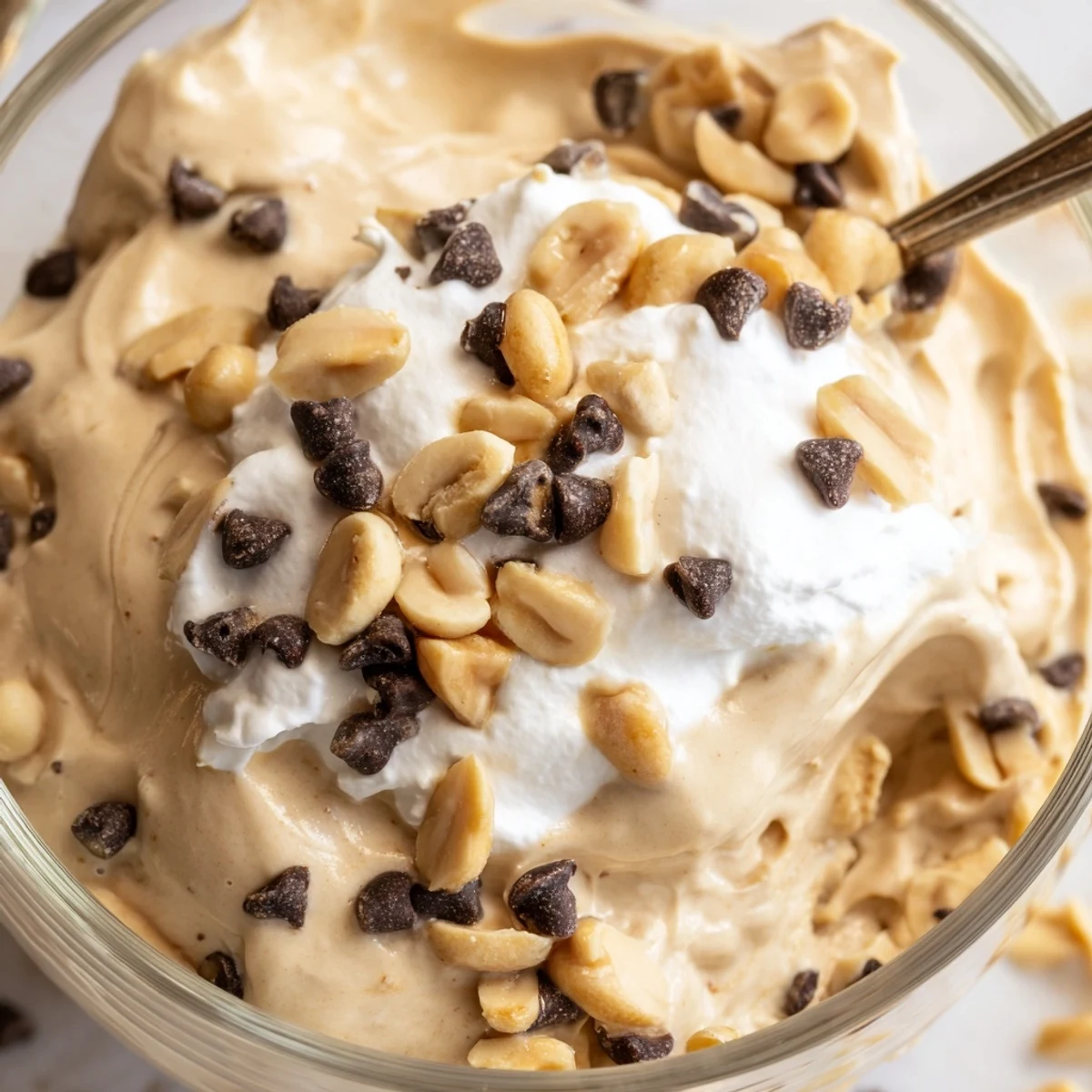 Creamy peanut butter and Cool Whip mousse served in clear glasses with chocolate chip garnish