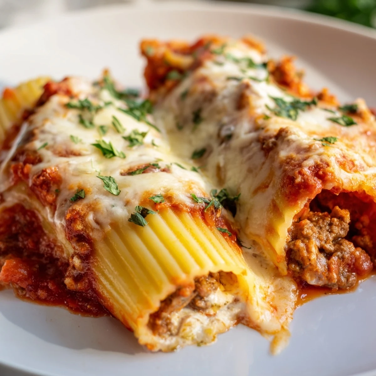 Tender pasta tubes filled with three cheese mixture smothered in rich homemade beef tomato sauce