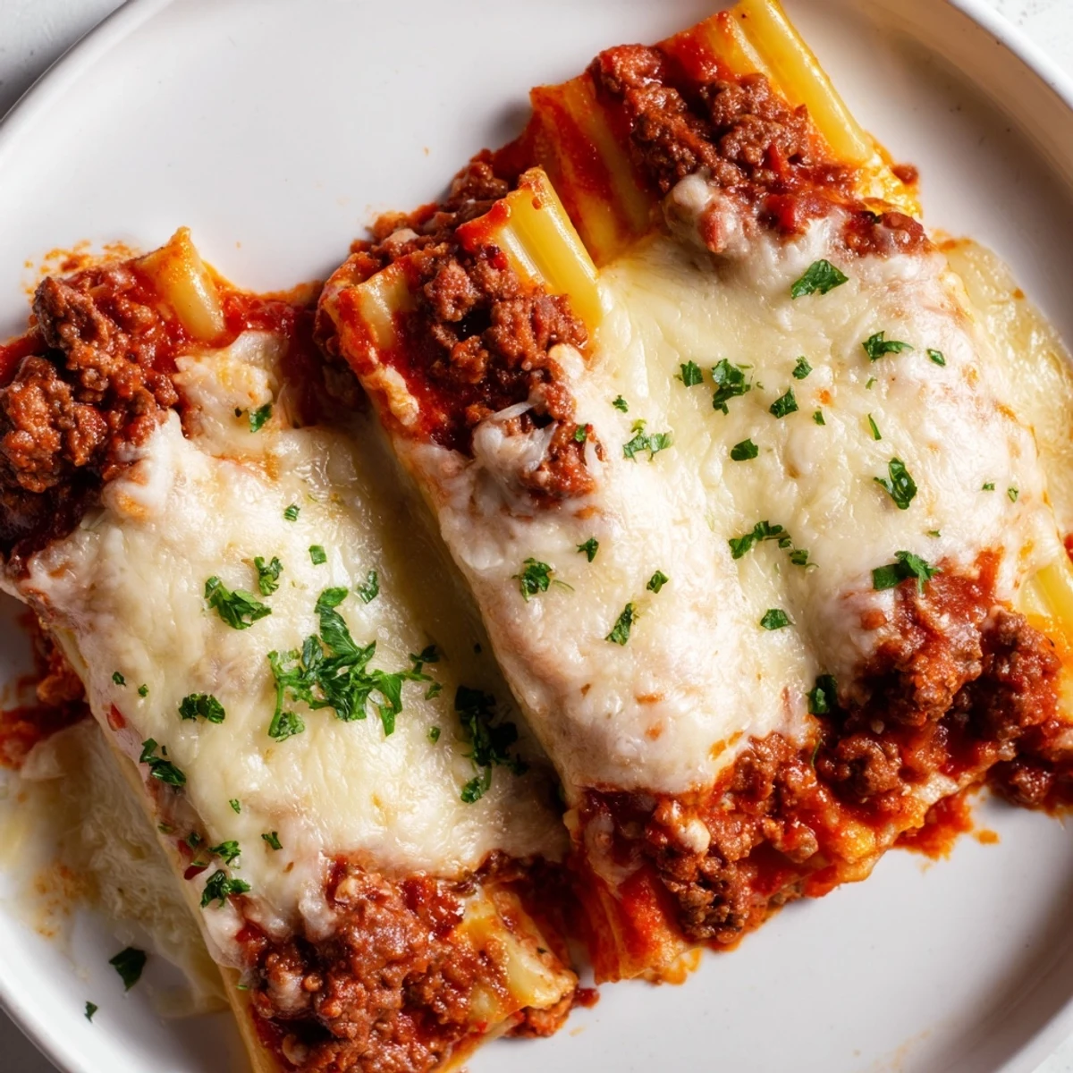Italian manicotti shells overflowing with ricotta cheese filling topped with bubbling seasoned meat sauce