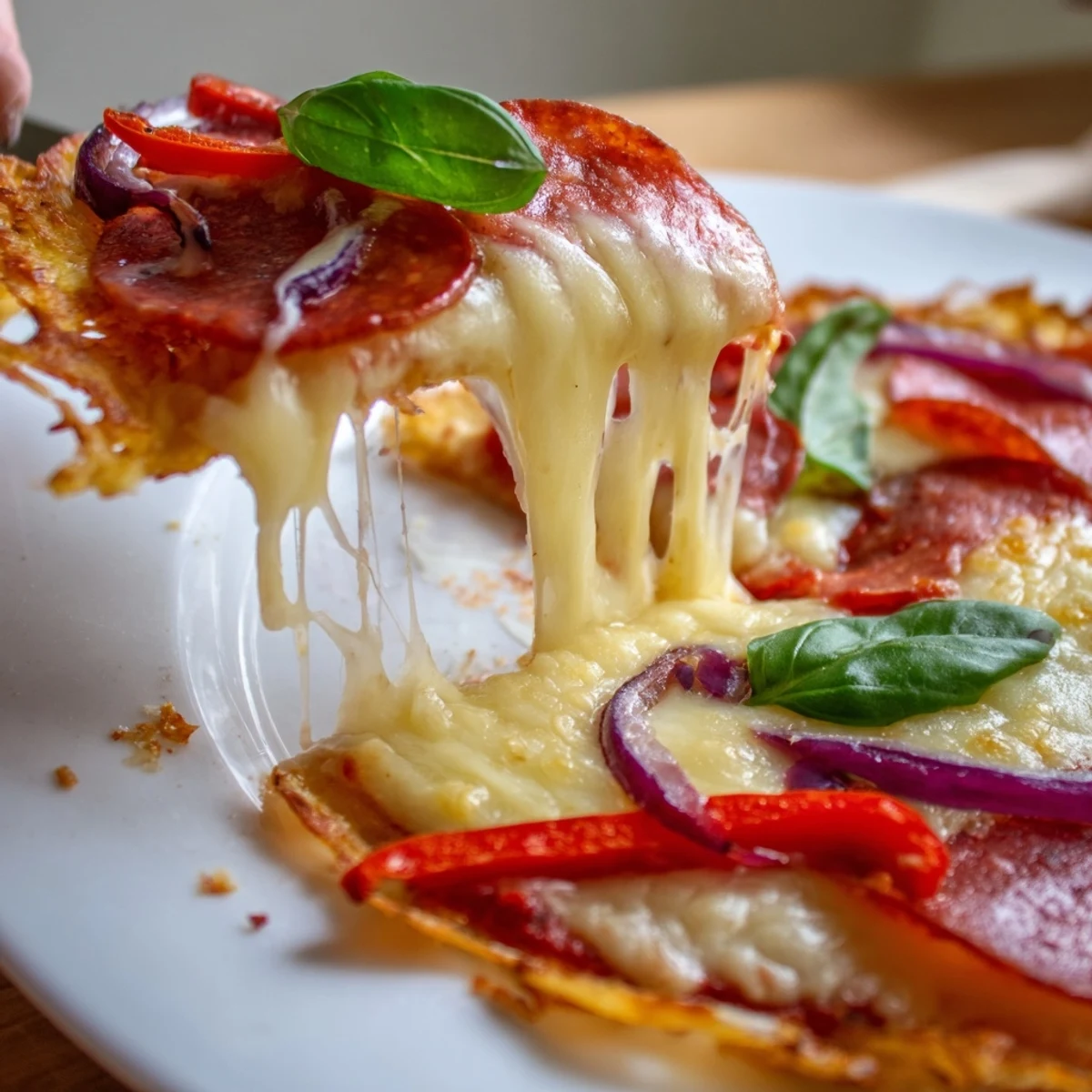 Golden crispy chicken crust pizza topped with bubbling mozzarella and colorful pepperoni slices
