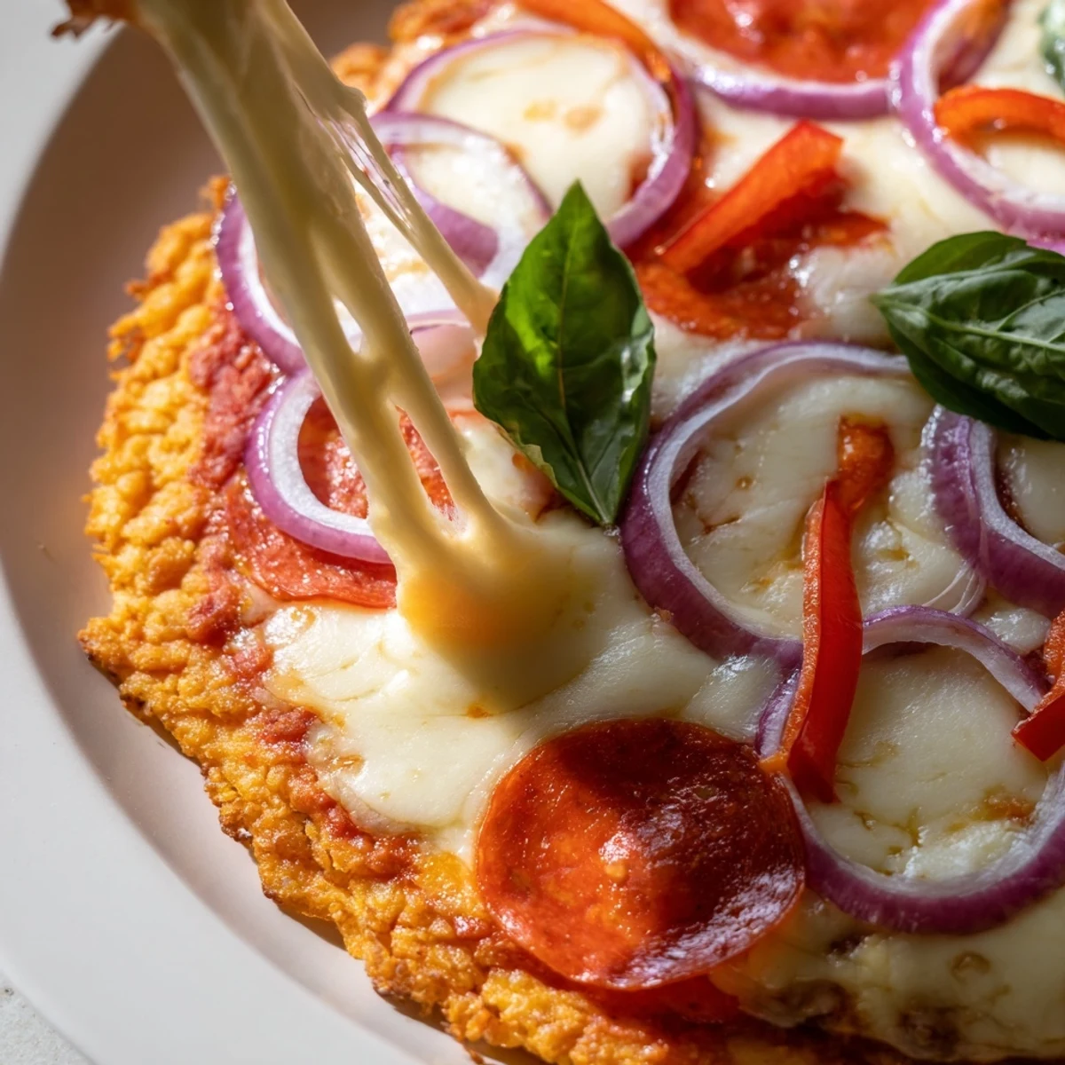 Gluten-free crispy chicken crust pizza baked to perfection with melted cheese and onions