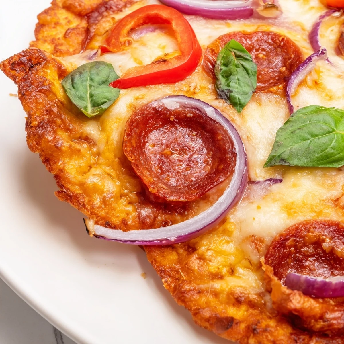 Homemade crispy chicken crust pizza featuring red bell peppers and fresh basil garnish