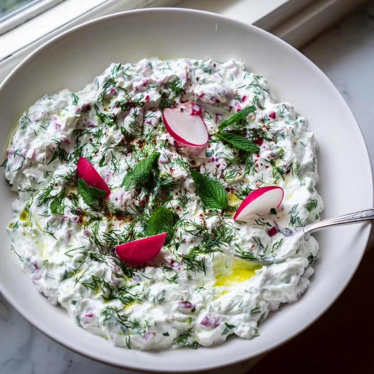 White bowl of healthy radish tzatziki dip served with crisp vegetable crudites