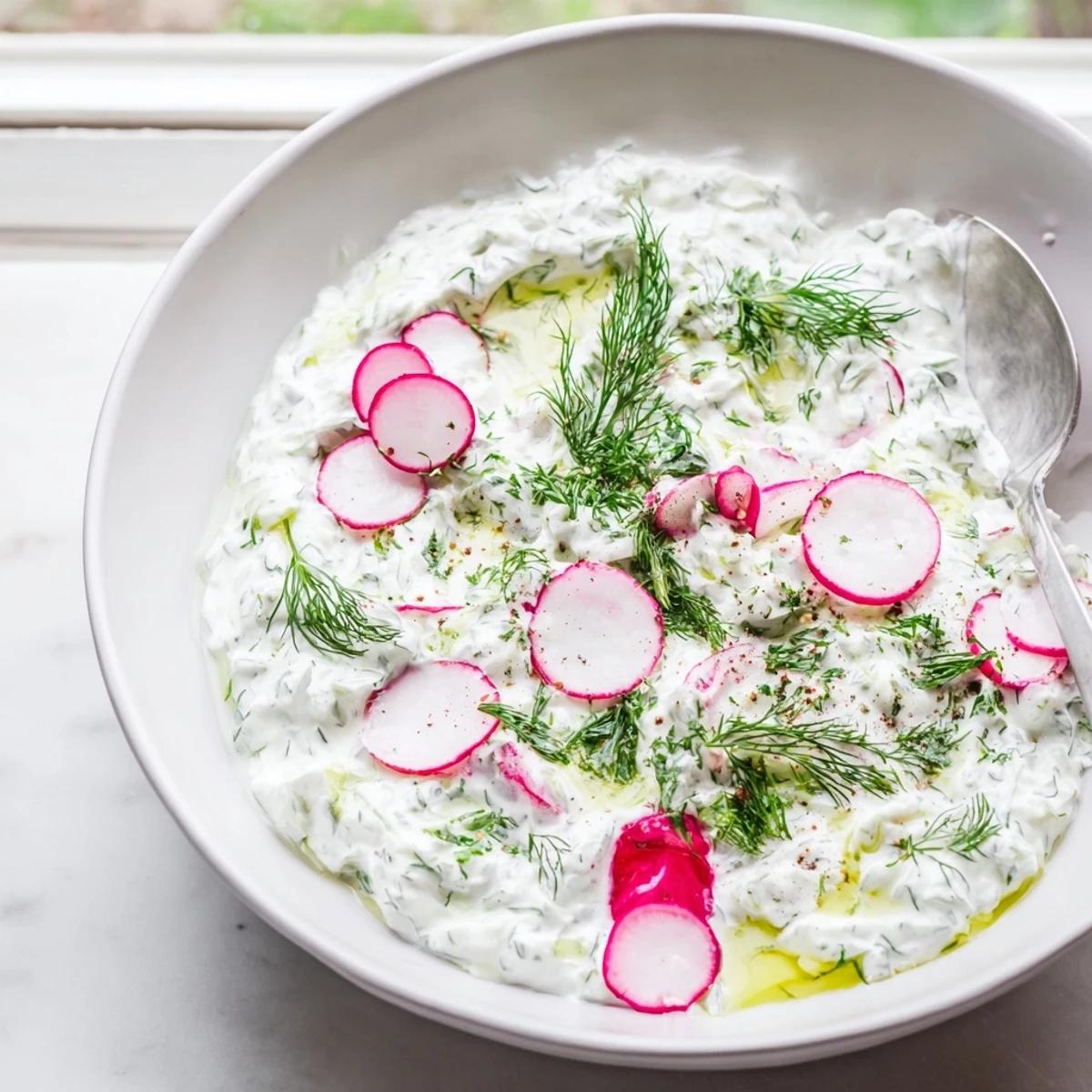 Creamy healthy radish tzatziki dip topped with fresh dill and olive oil drizzle