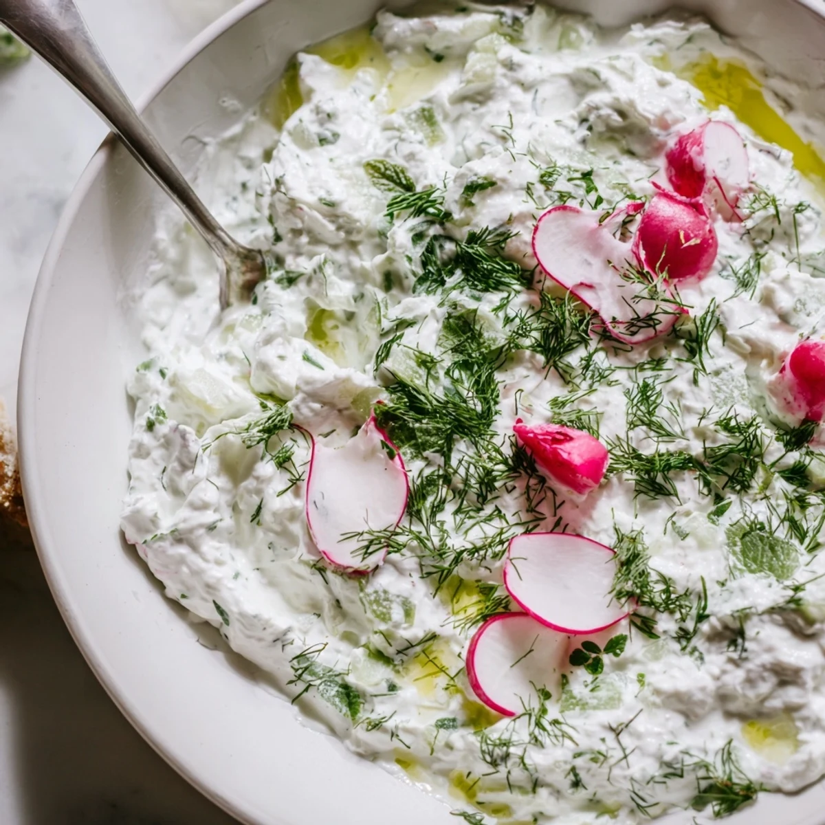 Healthy radish tzatziki dip featuring grated radishes and cucumber in Greek yogurt base