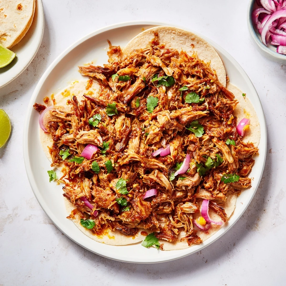 Golden shredded vegan carnitas with mushrooms piled in a rustic bowl with fresh cilantro garnish
