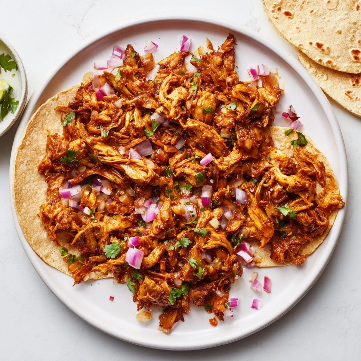 Crispy baked mushroom carnitas served on warm corn tortillas with diced red onion and lime