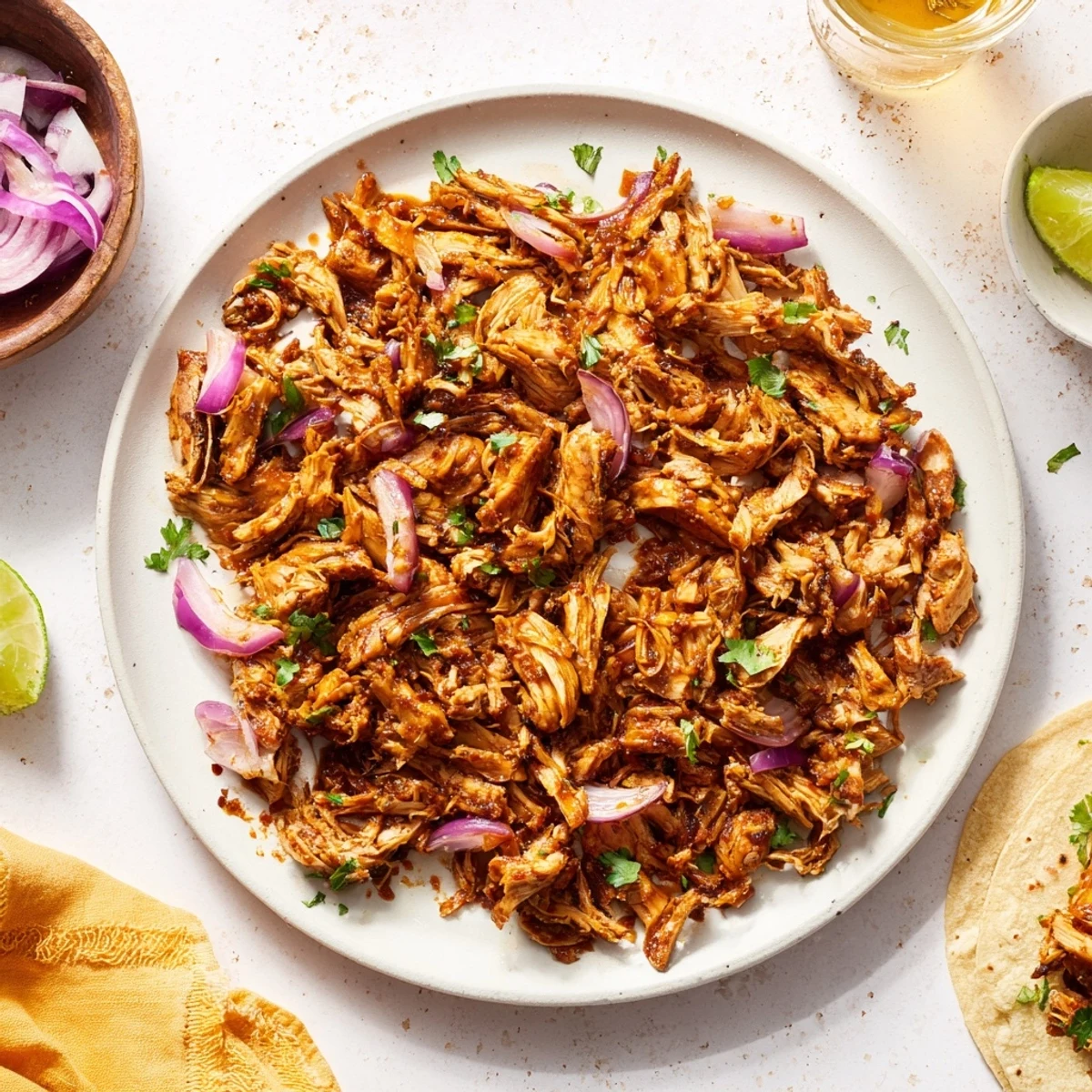 Savory Mexican-style vegan carnitas featuring spiced shredded mushrooms with avocado slices and white sesame sprinkles