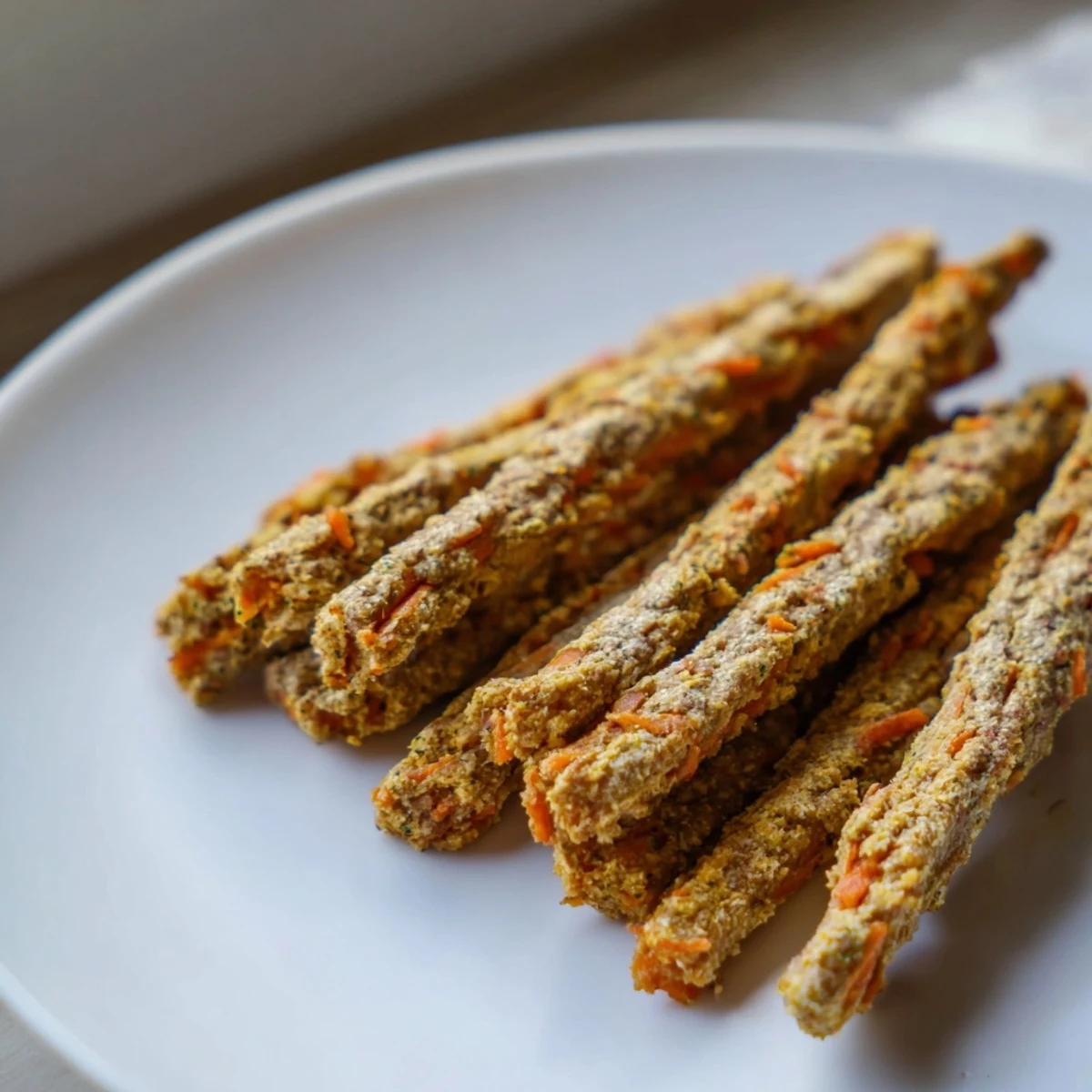 Golden homemade apple and carrot dog chew sticks arranged on parchment paper for crunchy wholesome treats
