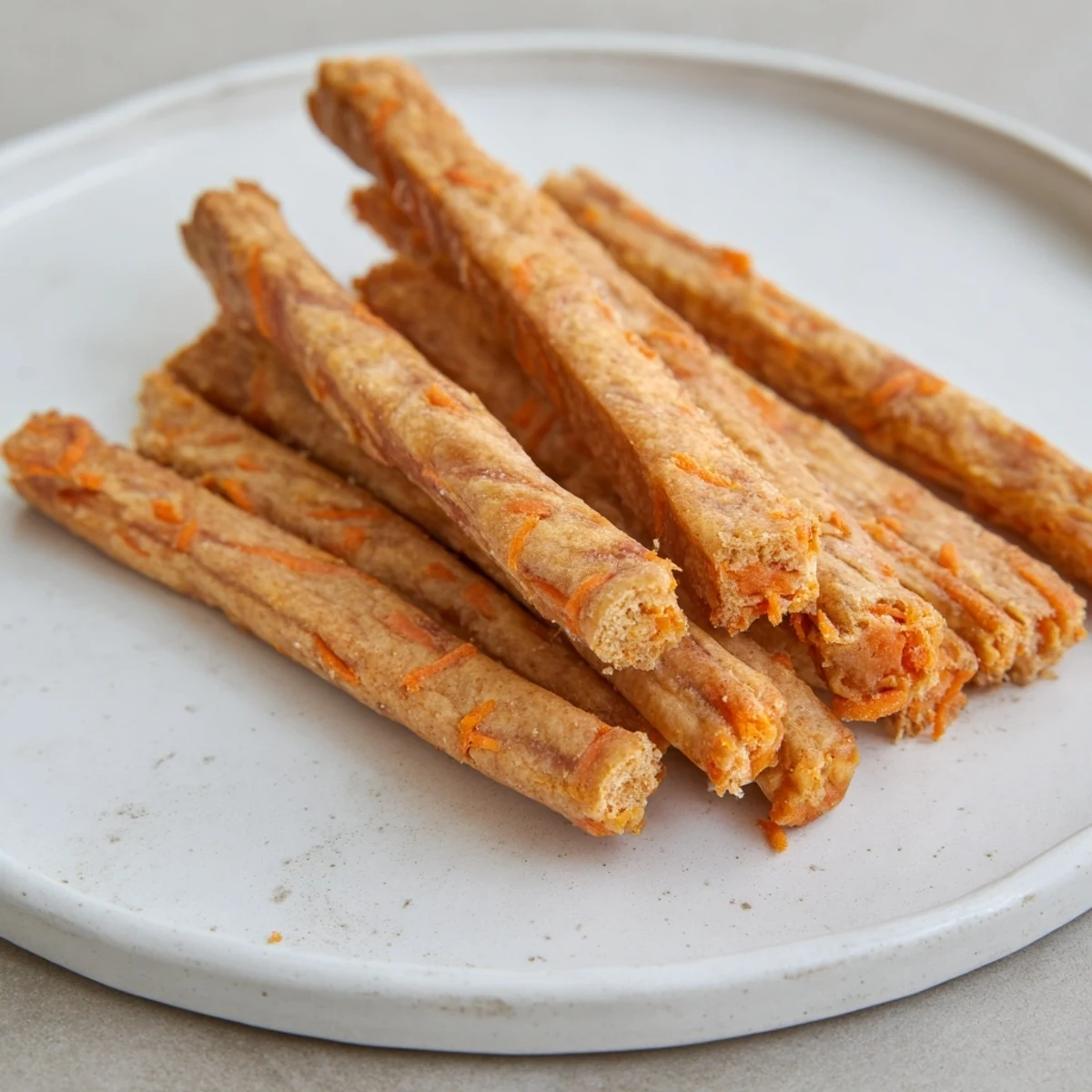 Oven-baked apple and carrot dog chew sticks with speckled orange and white flecks throughout