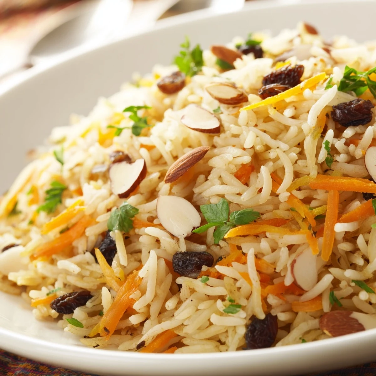 Golden Afghan rice topped with caramelized carrots, plump raisins, and fragrant warming spices