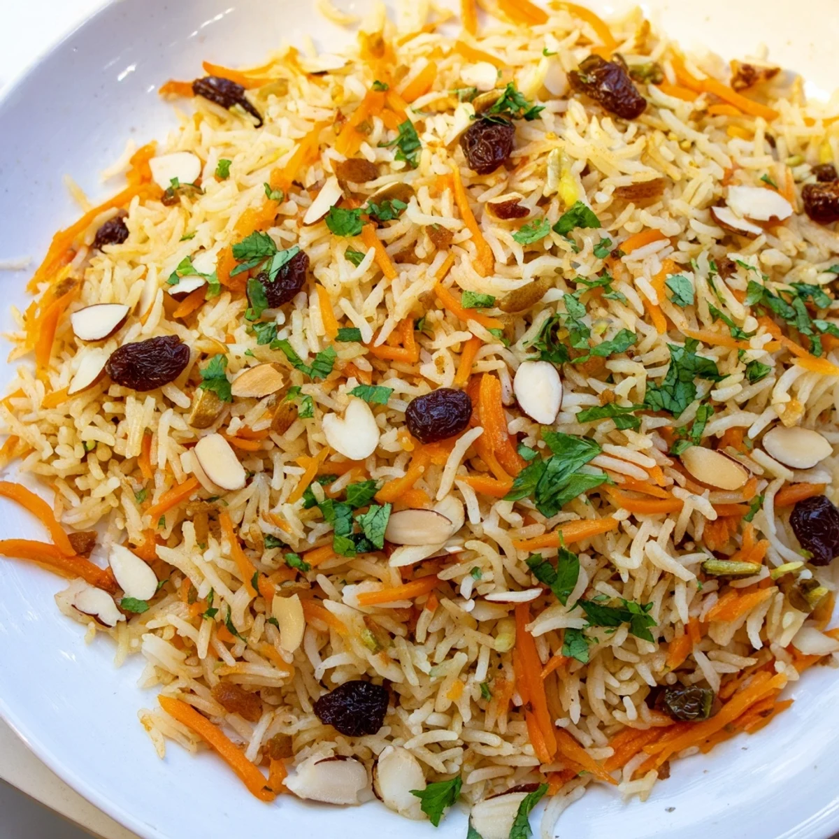 Fluffy Afghan rice steamed with cardamom and cinnamon, garnished with toasted almonds