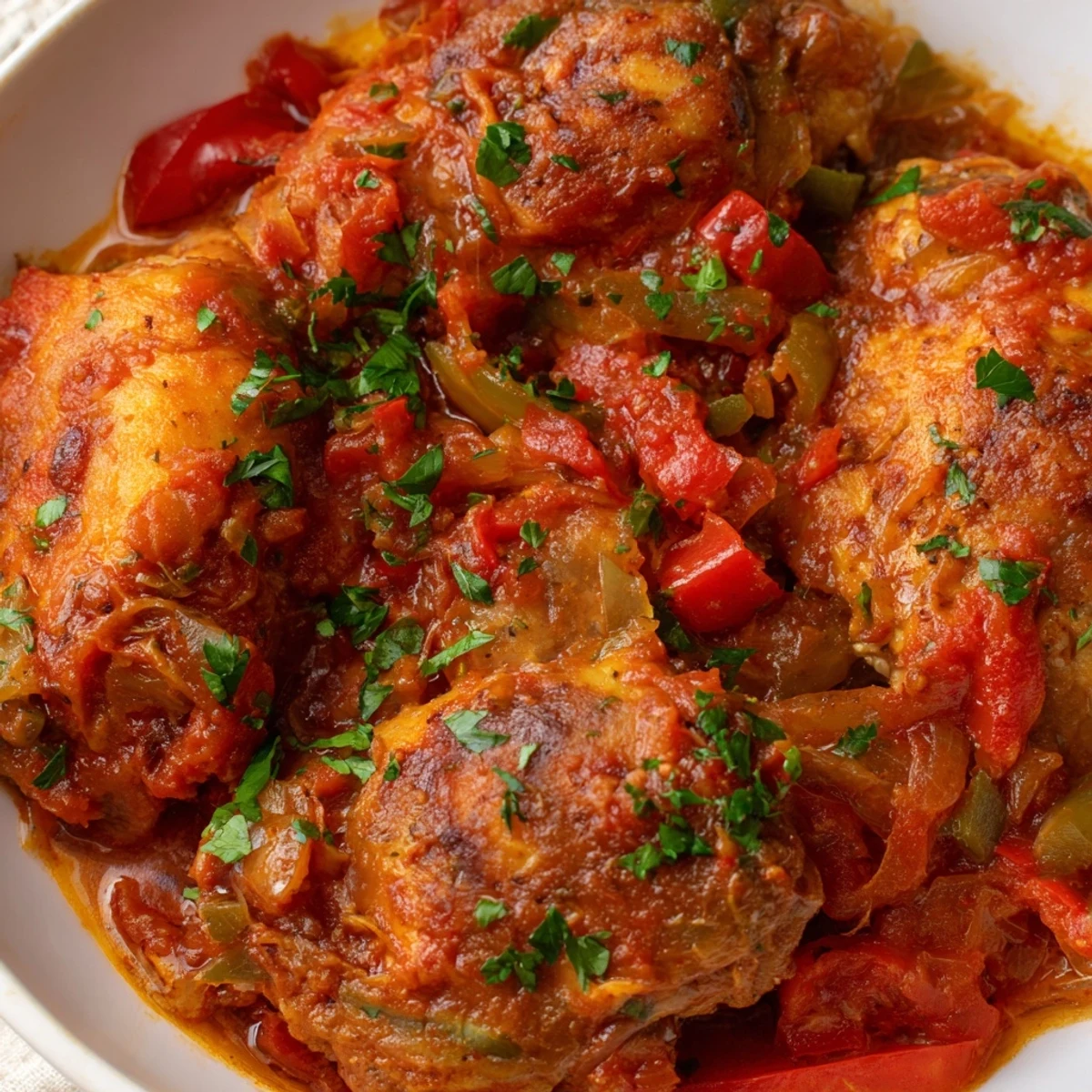 Golden Senegalese chicken simmered in rich tomato sauce with colorful bell peppers and aromatic spices
