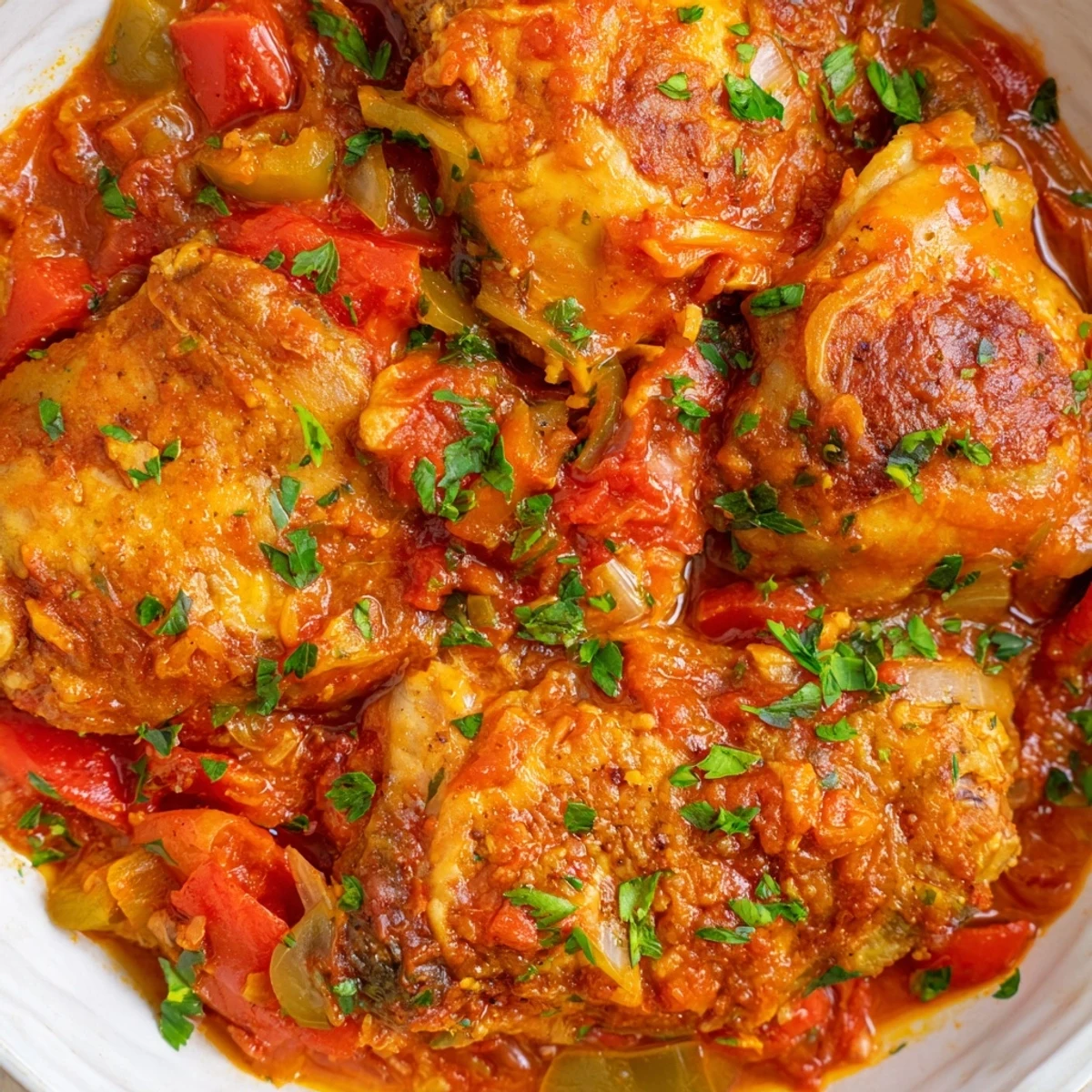 Tender Senegalese chicken thighs nestled in thick, spiced tomato gravy with caramelized onions and herbs