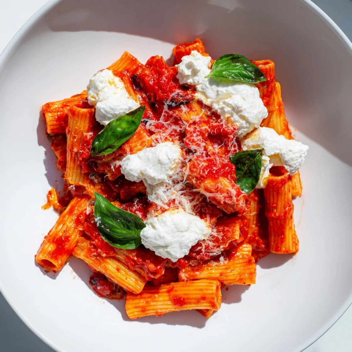 Tender penne coated in rich tomato sauce with pillowy ricotta and fragrant basil