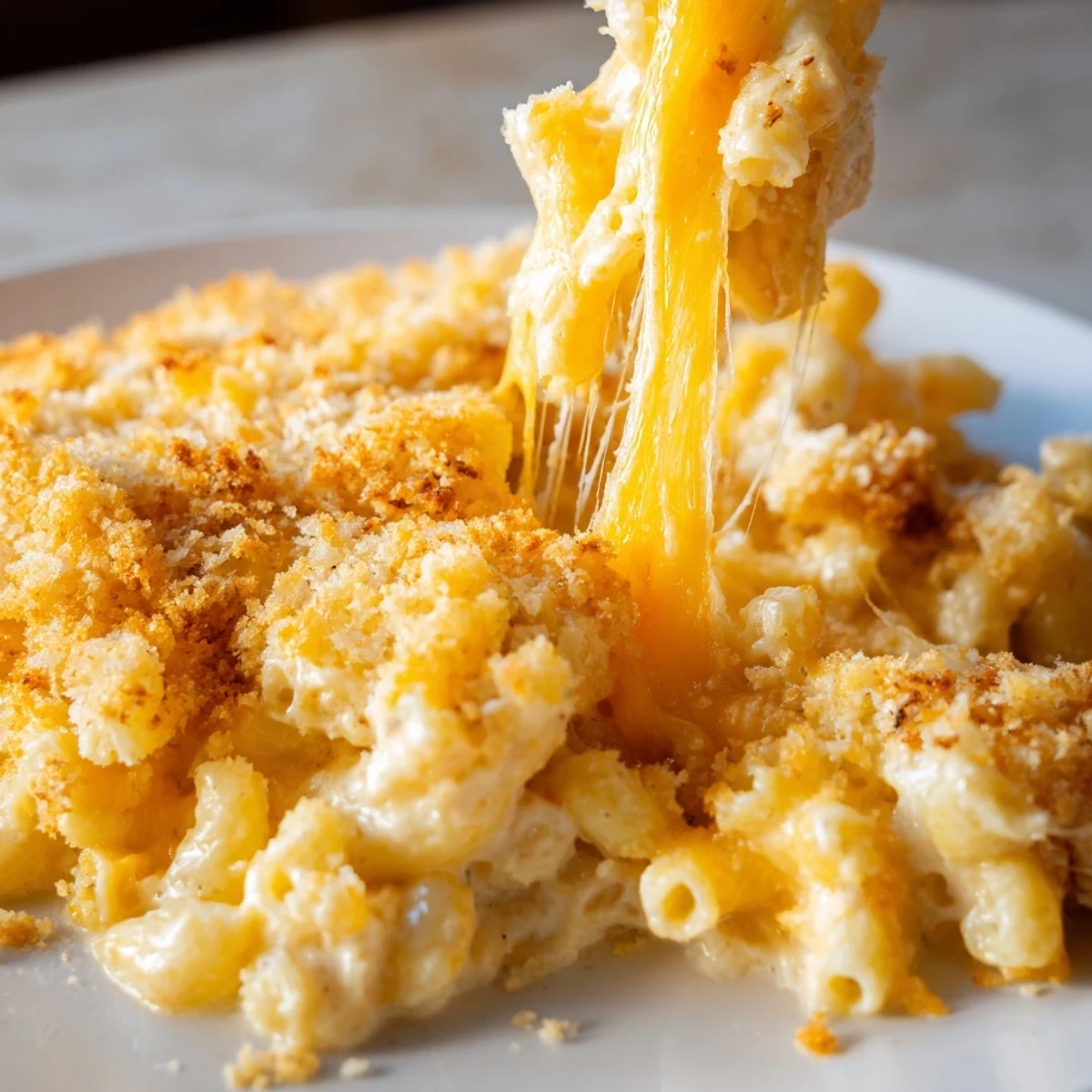 Creamy baked macaroni bubbling with melted cheddar Gruyère and mozzarella cheese sauce