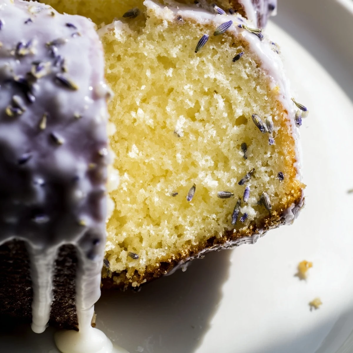 Soft lavender cake slice with lemon glaze drizzled over tender purple-flecked crumb
