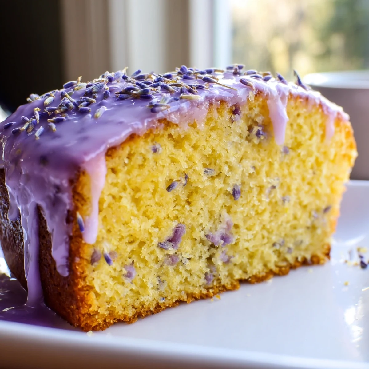 Fragrant lavender cake topped with sweet citrus icing on vintage white plate