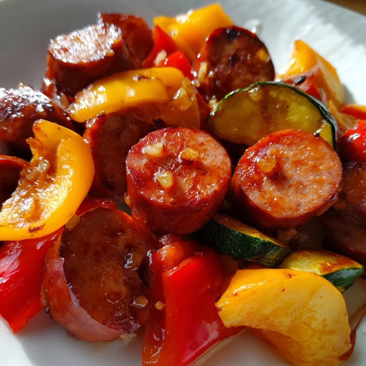 Honey garlic kielbasa veggies glistening with sticky glaze in a cast iron skillet