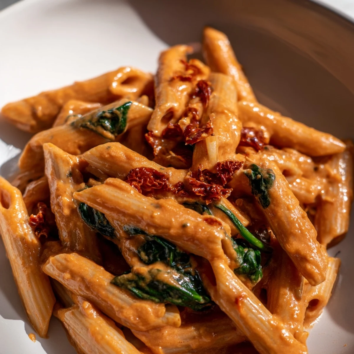 Vibrant creamy sun dried tomato vegan pasta with wilted spinach in rustic skillet