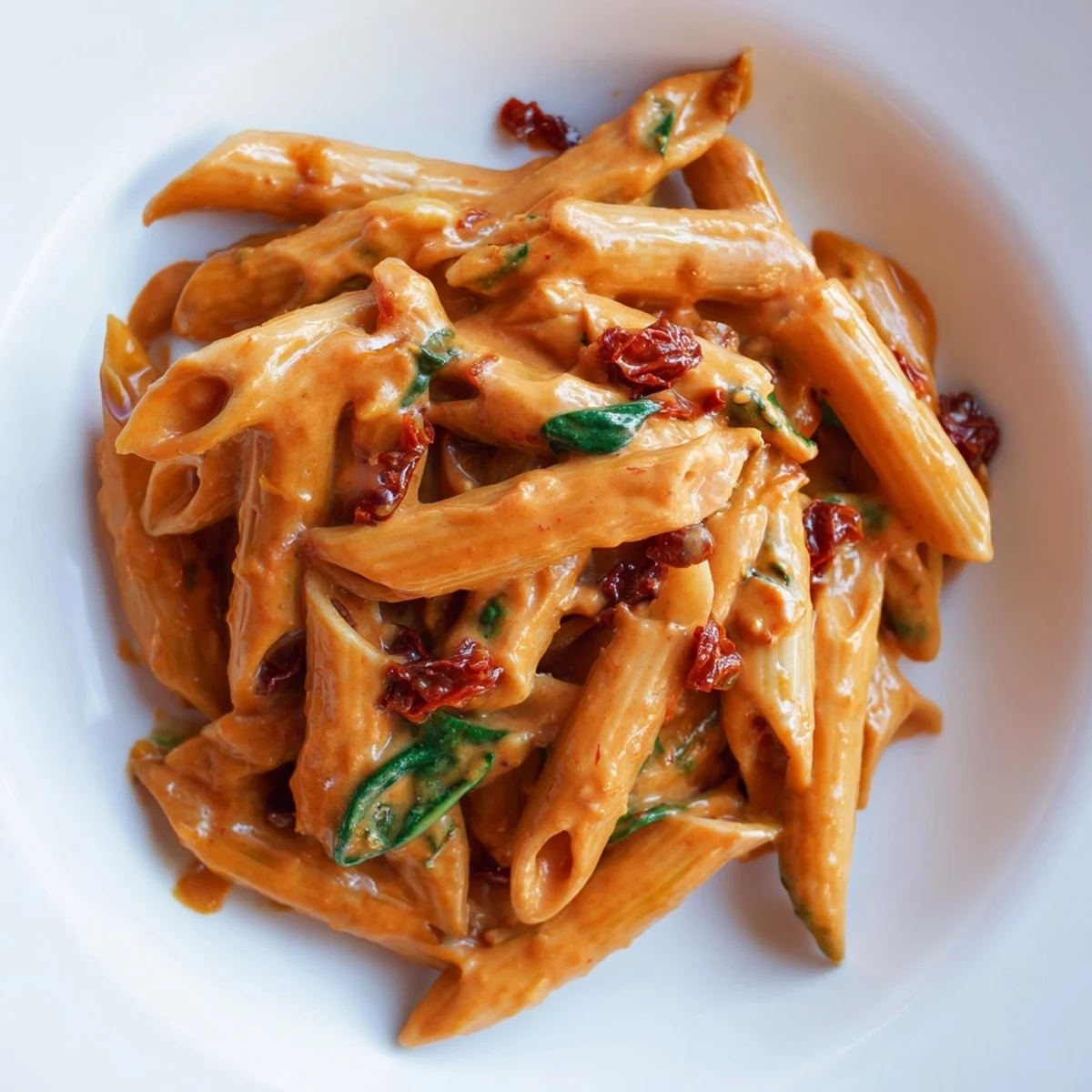 Creamy sun dried tomato vegan pasta twirled in a rich golden cashew sauce