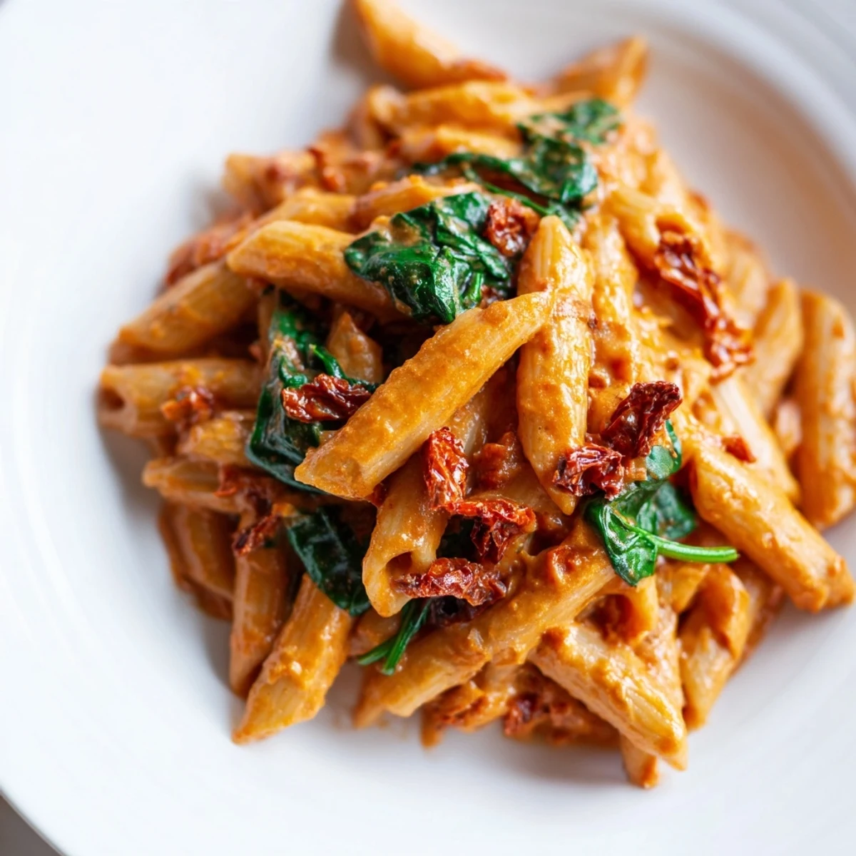 Sun dried tomato vegan pasta topped with fresh basil on a white plate