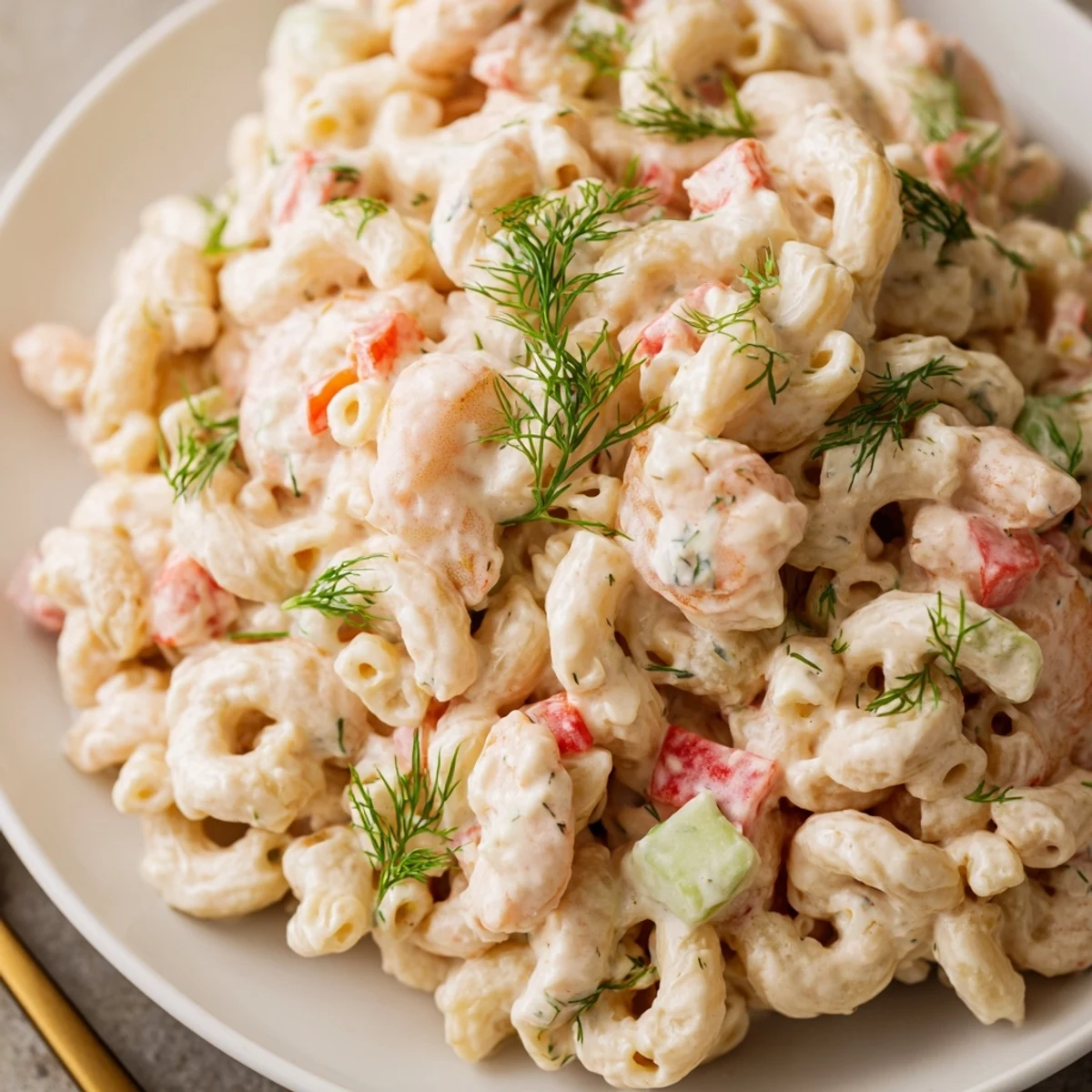 Creamy shrimp macaroni salad loaded with tender shrimp and crisp colorful vegetables