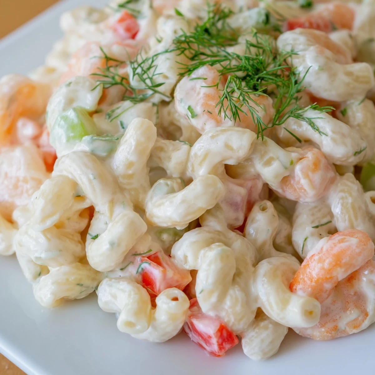 Chilled shrimp macaroni salad in a serving bowl garnished with fresh herbs