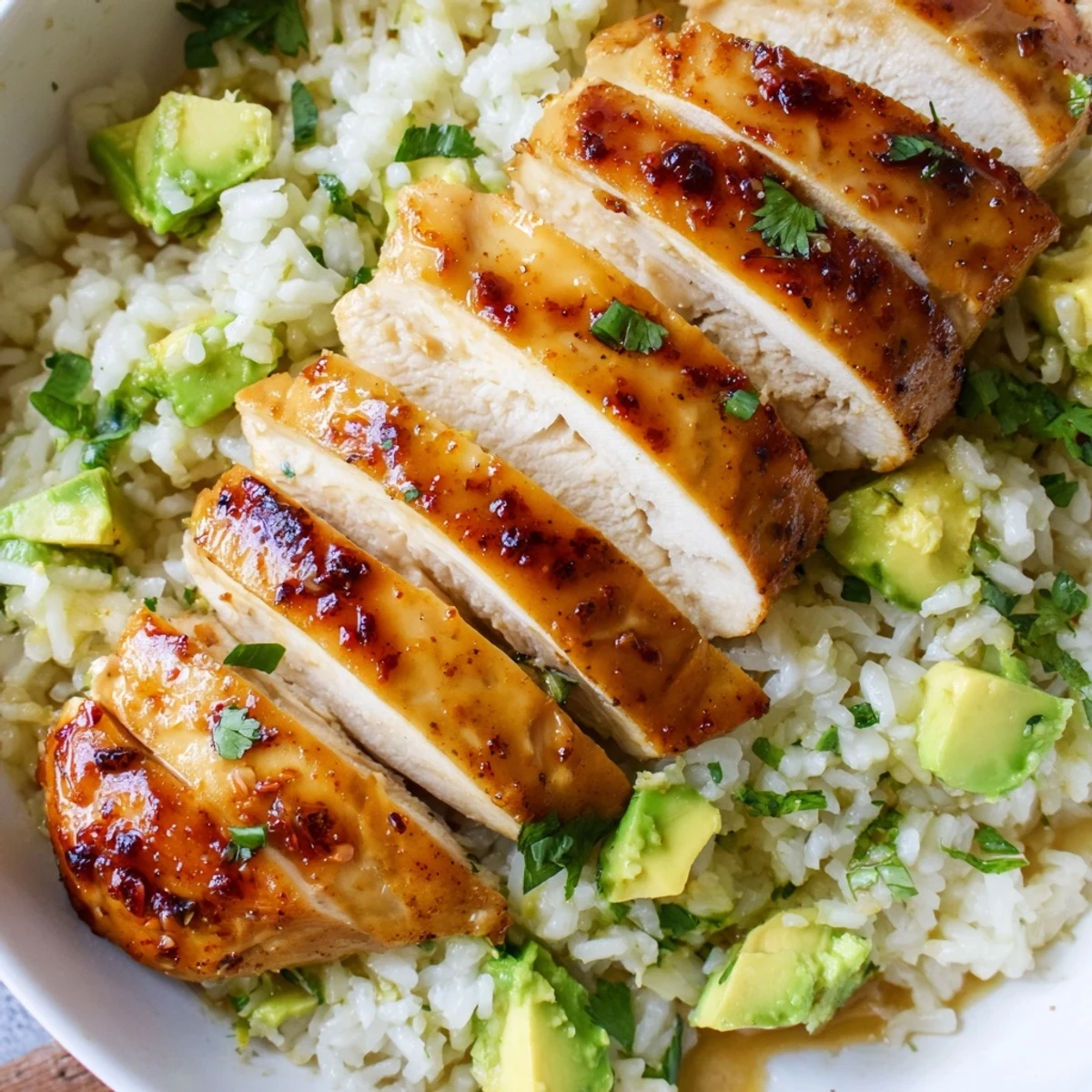 Golden honey lime chicken breasts sliced and served over creamy green avocado rice with fresh cilantro