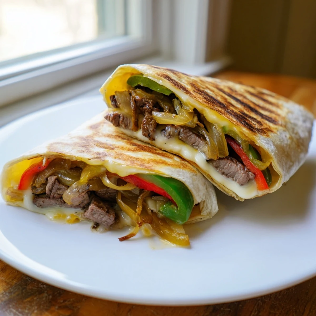 Golden crispy Philly cheesesteak grilled wraps with melted provolone and colorful peppers