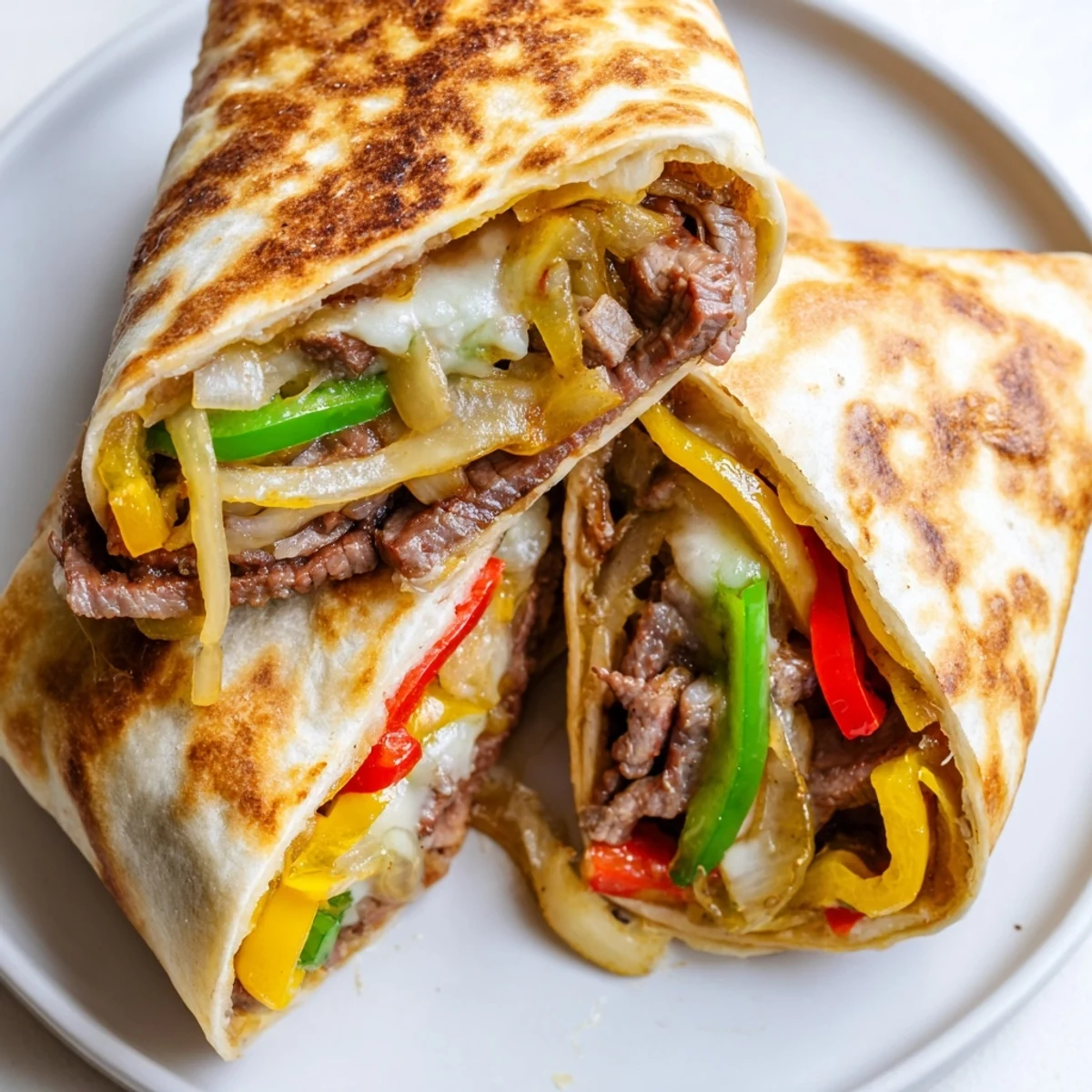 Crispy Philly cheesesteak grilled wraps sliced open showing tender steak and gooey cheese