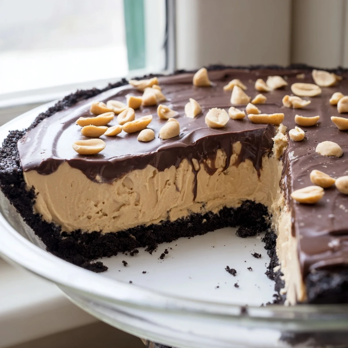 Creamy no bake peanut butter pie sliced in a chocolate cookie crust with peanut garnish