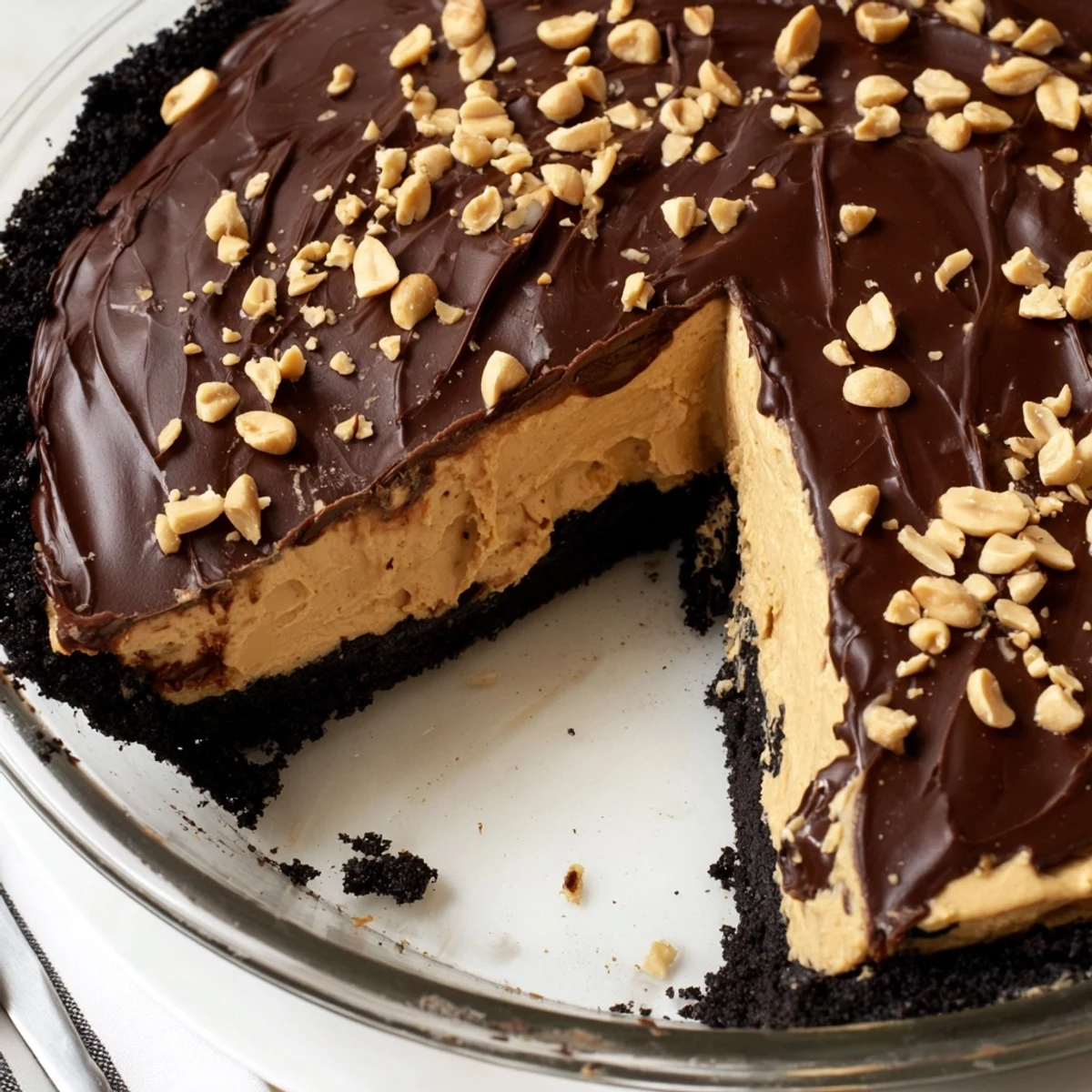Thick slice of no bake peanut butter pie showing layers of filling and crust