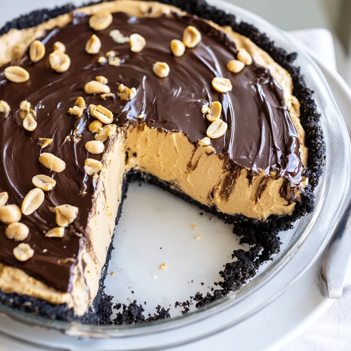 Silky no bake peanut butter pie topped with glossy chocolate ganache and chopped peanuts