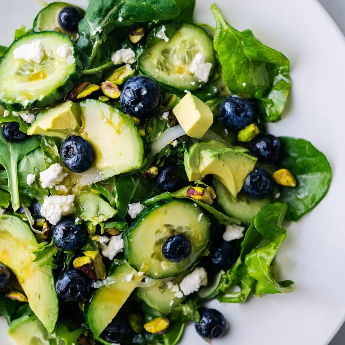 Fresh blueberry pistachio spring salad with creamy avocado and tangy feta on a white plate