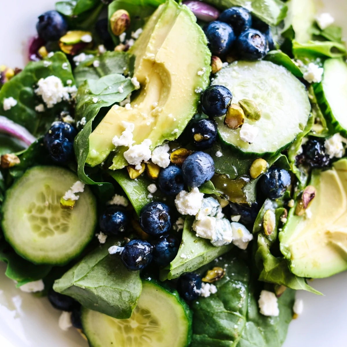 Vibrant blueberry pistachio spring salad featuring mixed greens cucumber slices and citrus dressing drizzle