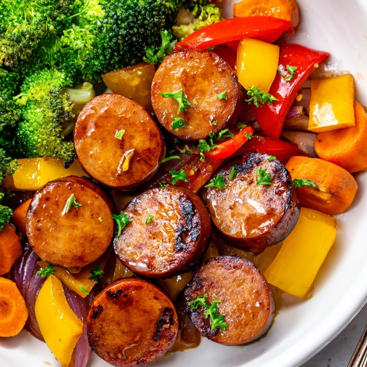 One Pan Honey Garlic Kielbasa Veggies roasted golden with colorful peppers and broccoli on sheet pan