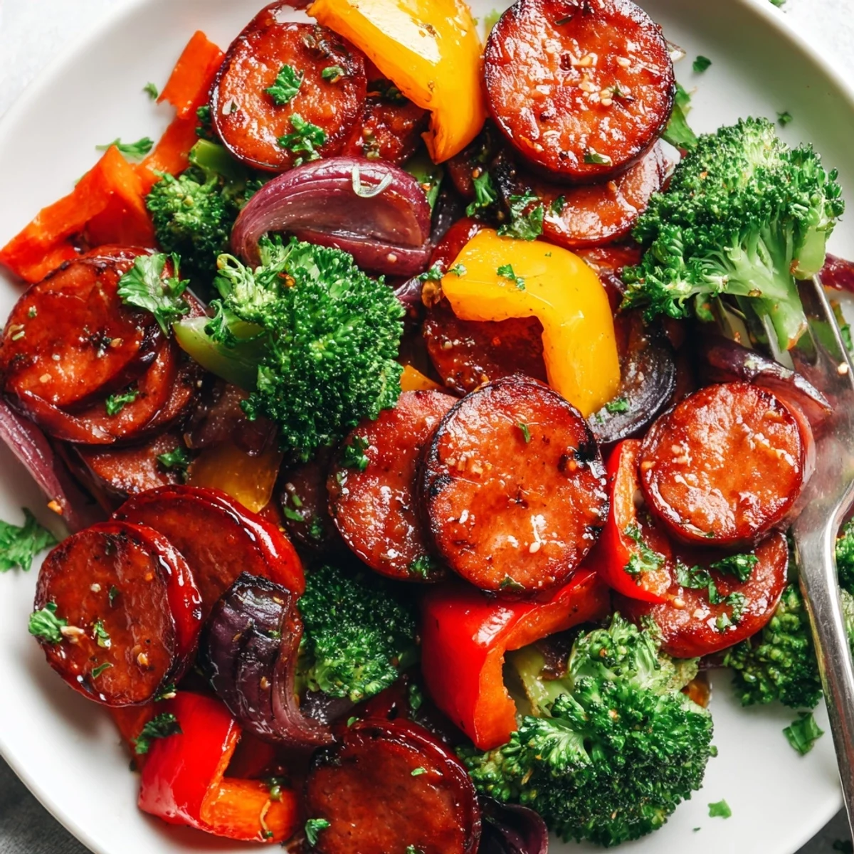 Smoky sliced kielbasa and tender caramelized vegetables drizzled with sticky honey garlic glaze