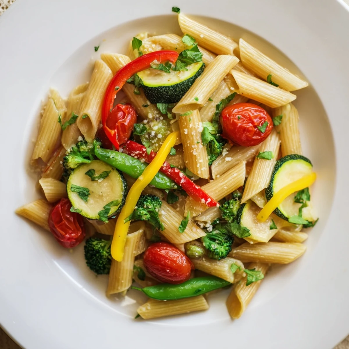 Colorful Pasta Primavera loaded with fresh spring vegetables in a light garlic sauce