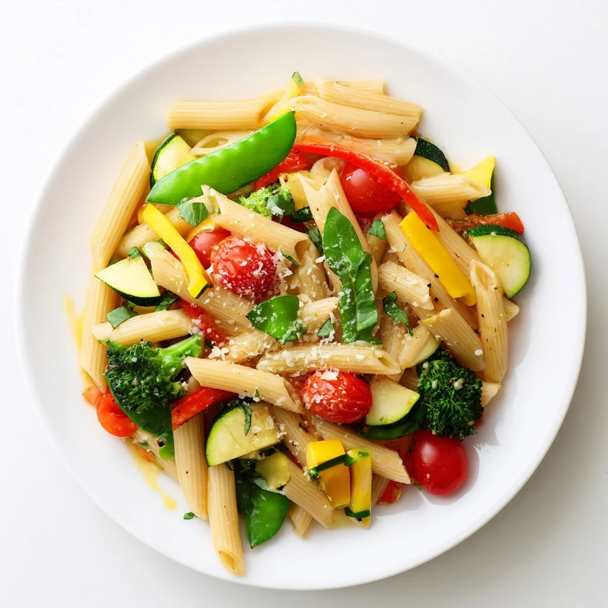 Creamy Pasta Primavera topped with grated Parmesan and garnished with fresh basil