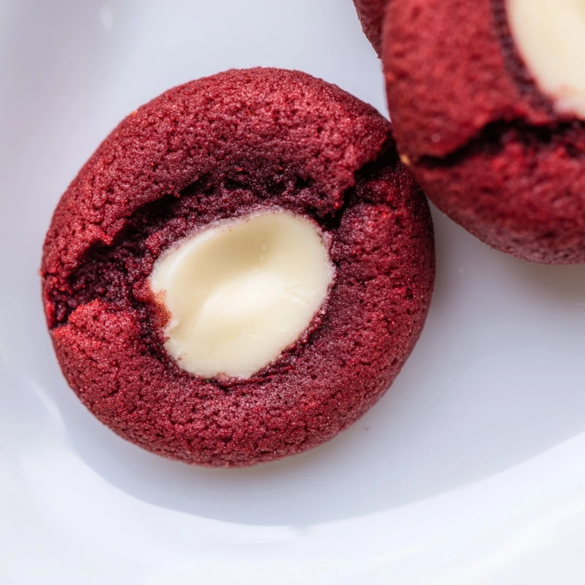 Red velvet thumbprint cookies with creamy cheesecake centers on a rustic white baking sheet