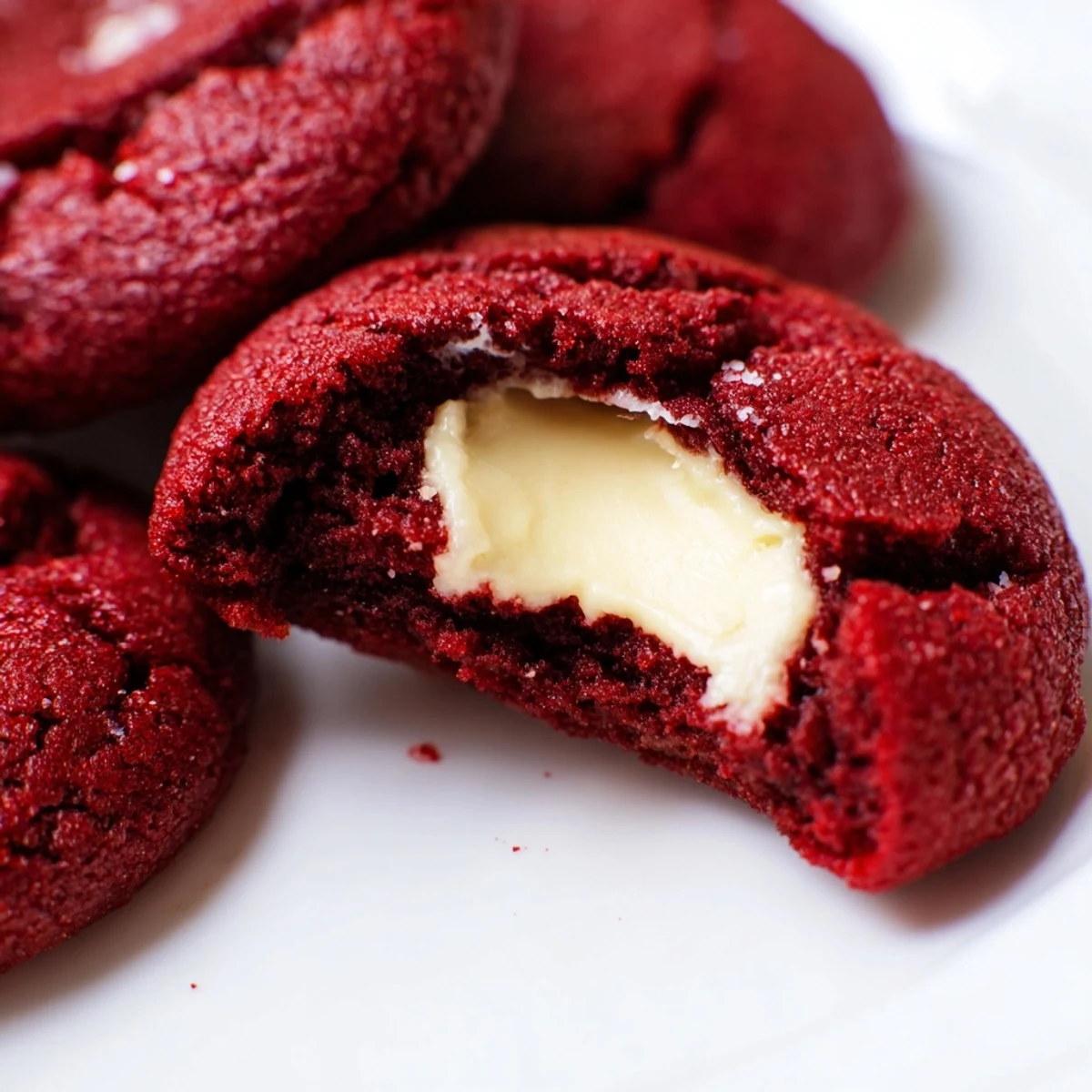 Bright red velvet thumbprint cookies topped with smooth cream cheese filling ready to serve