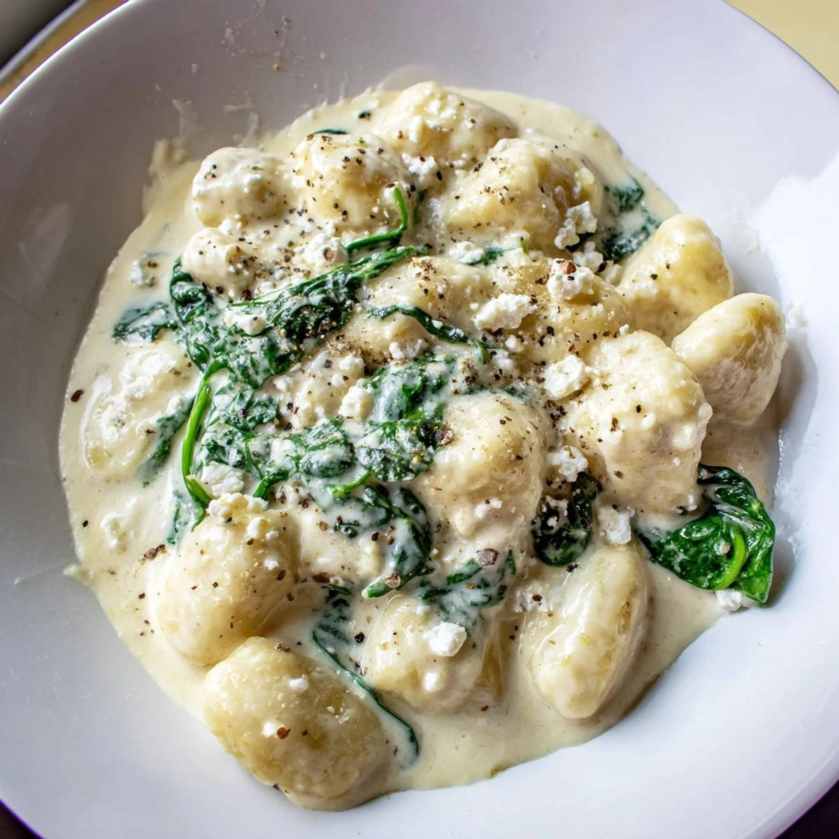 Creamy gnocchi with spinach and feta nestled in a rich garlic Parmesan sauce