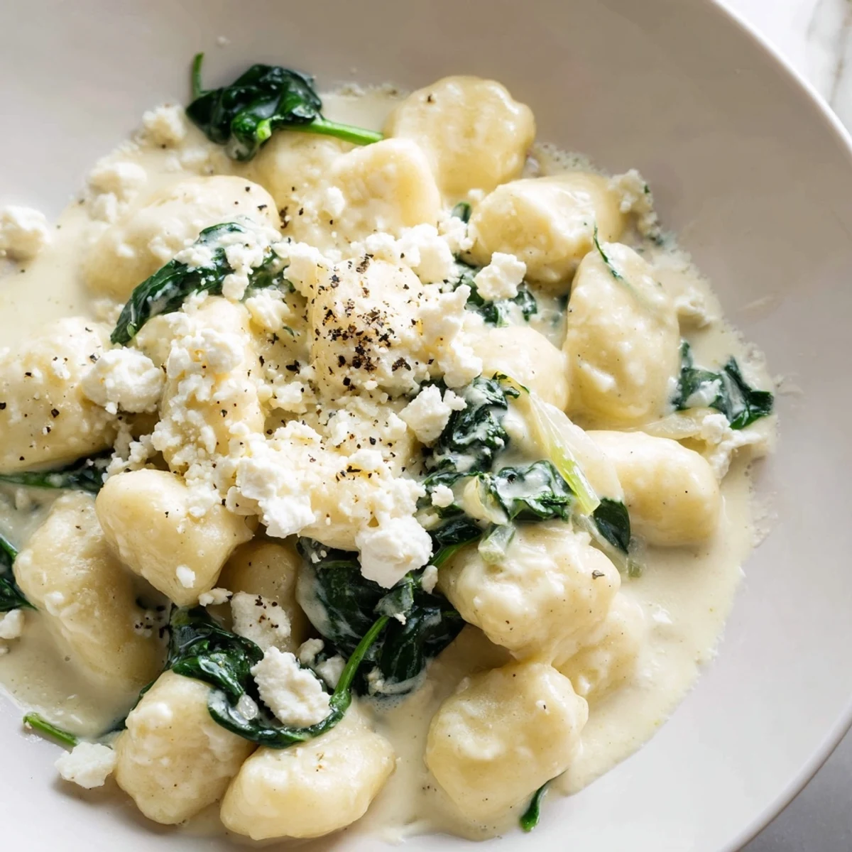 Steaming bowl of creamy gnocchi with spinach and feta garnished with cracked black pepper