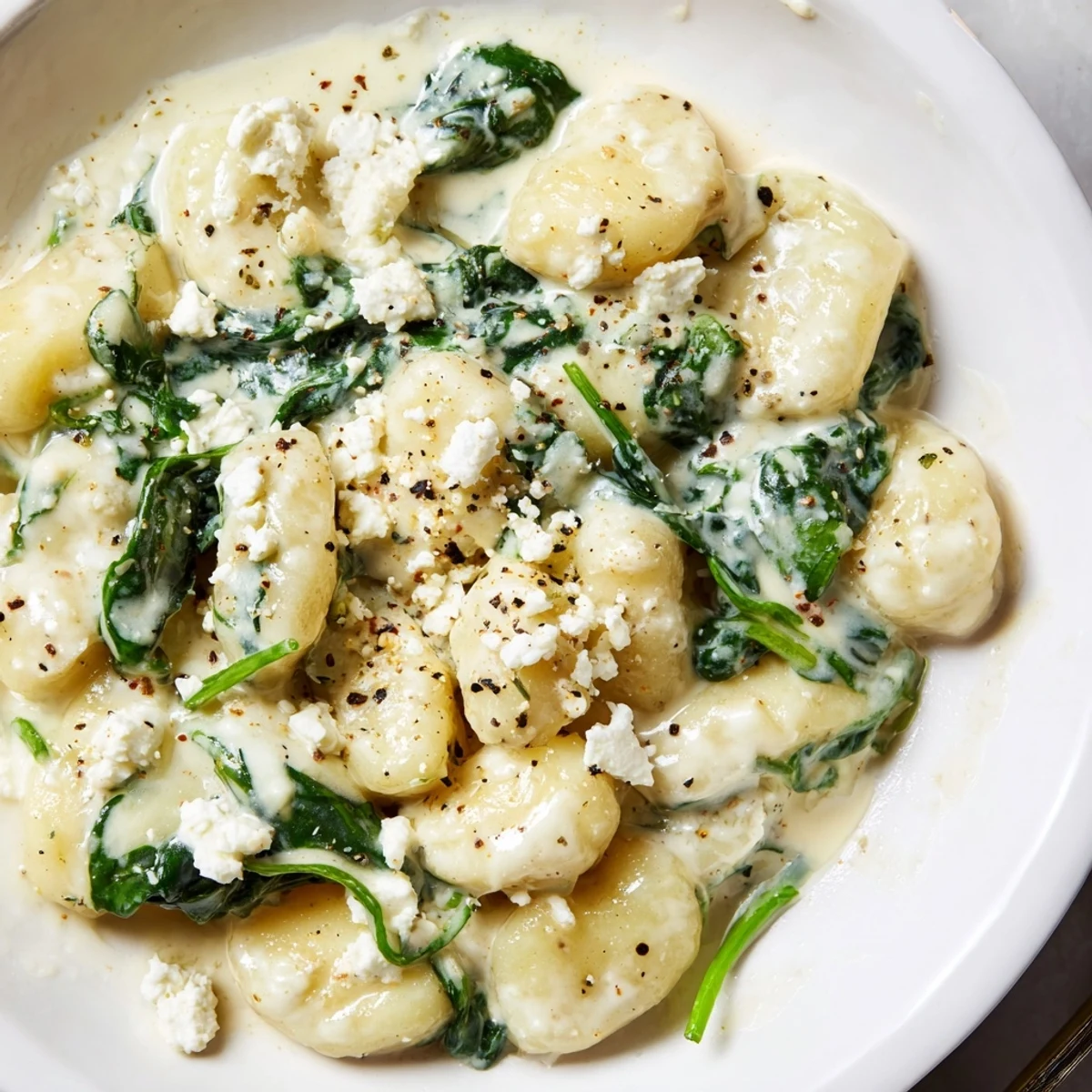Golden pan-seared gnocchi with spinach and feta glistening in a velvety cream sauce