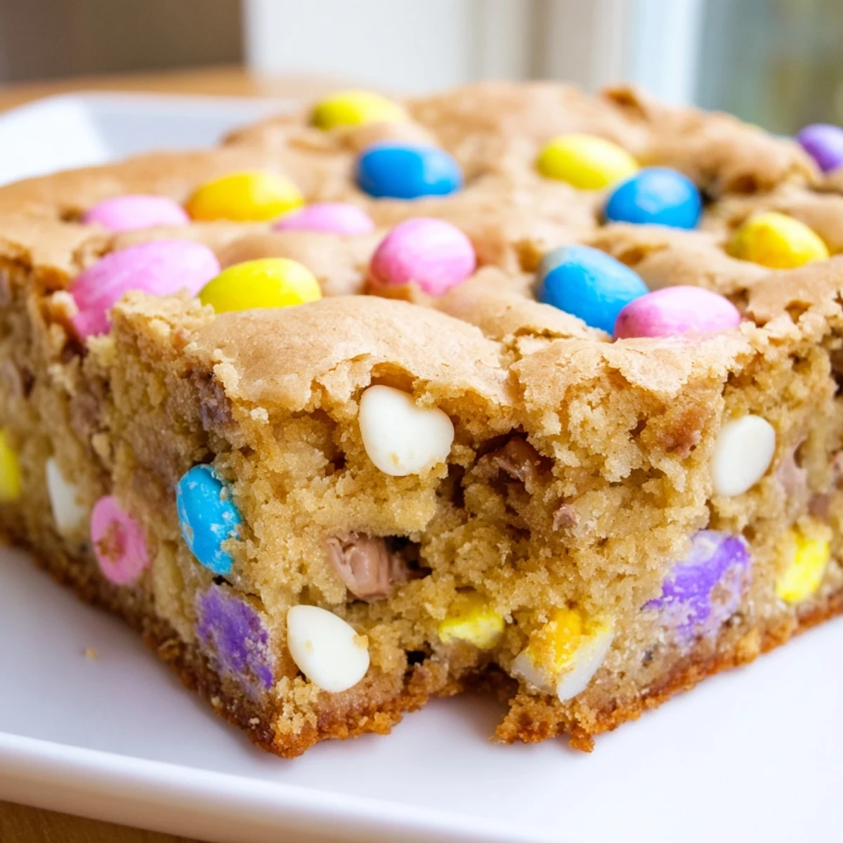 Golden chewy Mini Cadbury Easter Egg Blondies studded with colorful candy-coated chocolate eggs