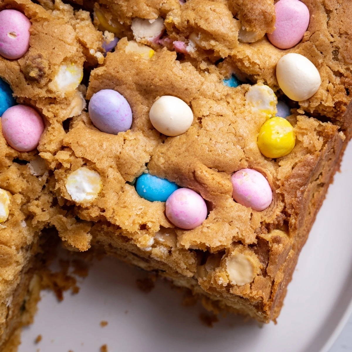 Mini Cadbury Easter Egg Blondies with gooey buttery bars topped with pastel chocolate candies